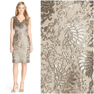 TADASHI SHOJI Smoke Pearl Gold Sequin Beige Mesh Sheath Dress Size 8 - Picture 1 of 8