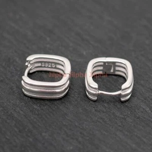 Mens Sterling Silver Small Square Huggie Hoop Earrings Ribbed Textured A4543 - Picture 1 of 8