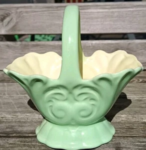 Vintage Art Deco Style Porcelain Flower Basket Plant Holder In Green And Yellow - Picture 1 of 6