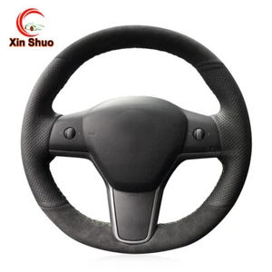 Dark Gray Alcantara Black Car Steering Wheel Cover for Tesla Model 3 / Model Y - Picture 1 of 12