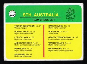 1978 SCANLENS Sheffield Shield CRICKET CARD South Australia Checklist UNMARKED - Picture 1 of 2