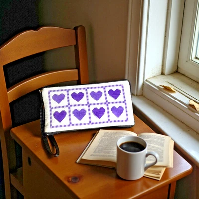 Bolso/cartera de mano/bolsa multiusos únicos hechos a mano con punta de aguja - corazones púrpuras Foto 1 de 4