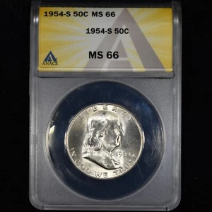 1954-S FRANKLIN HALF DOLLAR ✪ ANACS MS-66 ✪ 50C SILVER COIN UNC ◢TRUSTED◣ - Picture 1 of 4