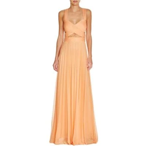 AQUA~Melon Orange Chiffon Pleated Lace Inset Criss-Cross Formal Gown 10 NEW $238 - Picture 1 of 6