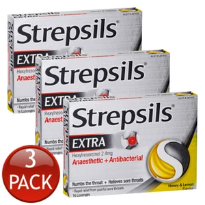 3 x Strepsils Extra Honey & Lemon 16 Lozenges Rapid Numb Sore Throat Pain Relief - Picture 1 of 12