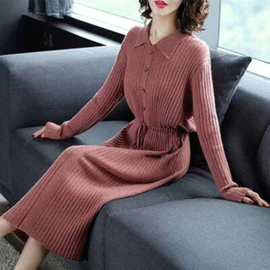 Femme Réglable Midi Pull Tricot Robe Taille Ajustée Bouton Robe Manches Longues - Bild 1 von 16