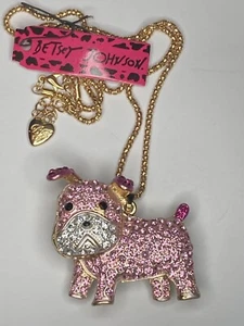 Betsey Johnson Bull Dog Pendant Pink Rhinestone Crystals Necklace 3D - Picture 1 of 7