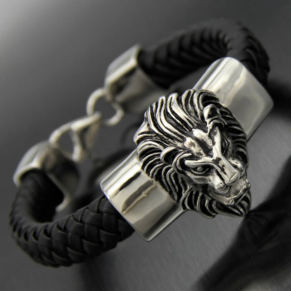 Pulseira masculina de couro genuíno preta cabeça de leão de aço inoxidável pesado motociclista - Imagem 1 de 4