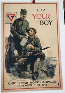 POSTER Y.M.C.A WW1, FOR YOUR BOY, BY ARTHUR W. BROWN UNITED WAR WORK 1918 CAMPAI - Foto 1 di 6