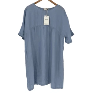 Sauths Light Blue Linen Kyoto Midi Dress Women 2XL Lagenlook Relaxed Oversized - Picture 1 of 7