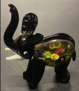 MURANO STYLE BLACK & MILLEFIORI ELEPHANT ART GLASS - Picture 1 of 4