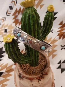 Native American Navajo Sterling Silver Turquoise & Red Coral Cuff Bracelet - Picture 1 of 14
