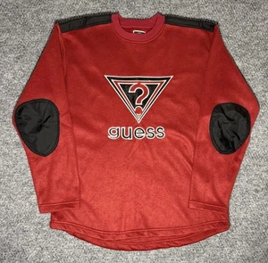VTG Guess Fleece Pullover Sweatshirt Red Triangle Logo Elbow Patches Mens Size M - Picture 1 of 6