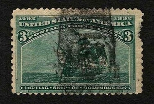 US 1893 #232 Columbus Exposition 3c Green Edge Fault Nice Fancy Cancel Used - Picture 1 of 2