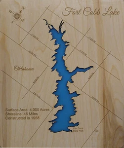 Fort Cobb Lake, OK - Lasergeschnittene Holzkarte | Wandbild | Maßanfertigung - Bild 1 von 5