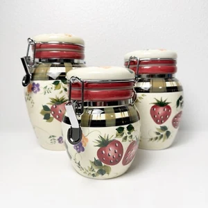 Oneida Strawberry Plaid 3 Canister Set Locking Lids Hand Painted Fruit Floral - Picture 1 of 17