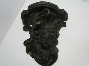 RARE ANTIQUE CAST IRON METAL BLACK BABY CHERUB WALL HANGING PLAQUE SHELF SCONCE - Picture 1 of 9