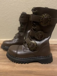 DEMONIA Women’s 5 Boots Buckle Straps Lace Up Brown Grunge Combat Punk Rock Goth - Picture 1 of 12