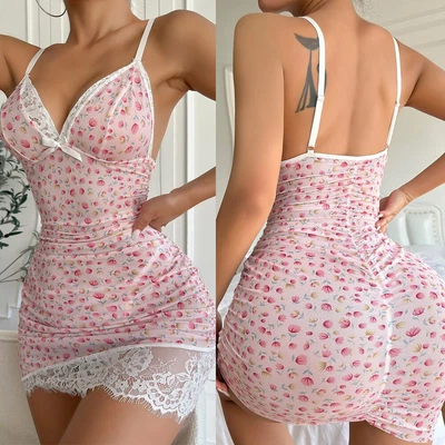 Sexy-Lencería Babydoll Tanga Prendas para dormir Ropa interior Encaje Vestido Prendas para dormir Foto 1 de 4