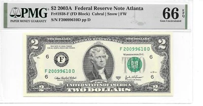 2003A  ATLANTA $2 FRN FD Block Sheet Note PMG 66 EPQ GEM UNCIRCULATED - Image 1 of 4