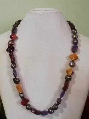 Collana in perle barocche bronzo pietre dure ametista e susta in Argento 925 - Immagine 1 di 4