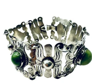 Vintage Taxco Mexican Sterling Silver Link Bracelet w/ Jasper Cabochons - Picture 1 of 8