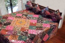 5 PC AUTHENTIC INDIAN VINTAGE SARI BEADED QUILT BLANKET THROW BEDSPREAD COVERLET