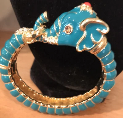 Kenneth Jay Lane Enamel Teal Raj Elephant Limited Edition Bangle Bracelet - Image 1 of 4
