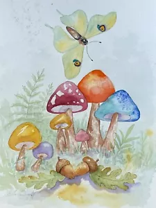 Mushrooms And Green Moth Original Watercolor Painting - Picture 1 of 4