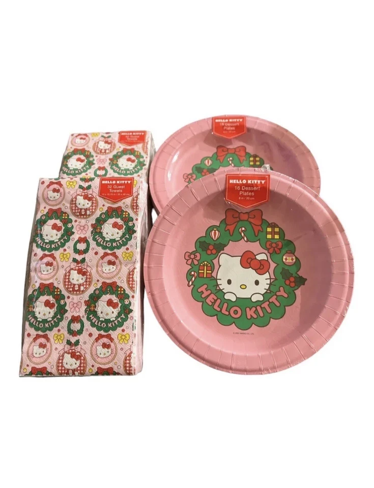 Sanrio Hello Kitty 粉色圣诞宾客毛巾纸餐巾纸和纸盘 X 2 — 第 1/3 张图片