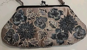 Vintage SANTI GRAY BEADED Clutch Purse Evening Bag Kiss Lock Sequin Round Used - Picture 1 of 12