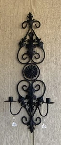 Vintage Eisen Wandleuchter Doppel Kerzenhalter XL Blatt Schnörkel Schmuck Gothic 11x27x6" - Bild 1 von 12