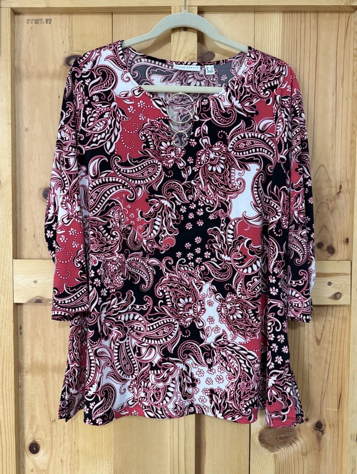 Blusa túnica Susan Graver para mujer grande rosa cachemira manga 3/4 anillos dorados Foto 1 de 4