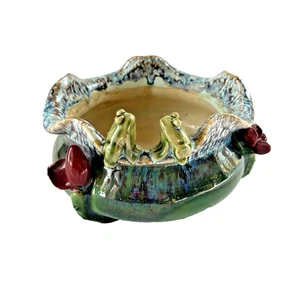 Vintage Majolica Style Frogs Lily Pad Ceramic Planter Bowl Garden Pottery Green - Picture 1 of 19