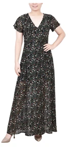 NY Collection Floral Wrap Maxi Dress With Short Sleeves By Calla Collection Blac - Picture 1 of 12