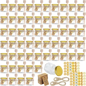 60 Pack Mini Honey Jars/Pot Metal Lids,1.5 Oz Glass ,Wooden Dippers,Bee Charms,J - Picture 1 of 12