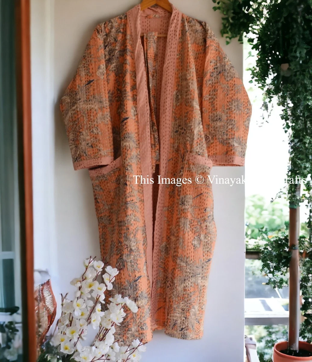 Bata Kimono Larga Hecha A Mano – 100% Algodón, Estilo Boho, Con Bolsillos, Talla única