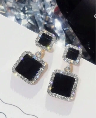 Women Elegant Silver Metal Black Rhinestone Geometric Dangle Drop Decor Earrings - Image 1 of 3