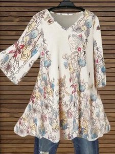Misslook Womens Floral Print Tunic Dress Size 3XL White V-Neck Bell Sleeve - Picture 1 of 7