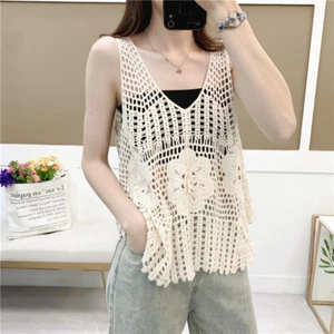 Damen Strick Weste Häkel Blumen Spitze Aushöhlen Ärmellos V Ausschnitt Tank Top - Bild 1 von 9
