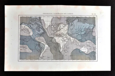 Mapa meteorológico mundial Muller 1872 líneas térmicas isanomal anuales temperatura climática Foto 1 de 2