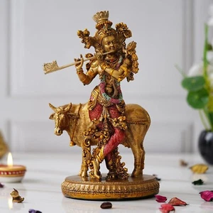 Statua Krishna in piedi con mucca e flauto che suona Dwarkadhish Idolo Kanha Murti - Foto 1 di 2