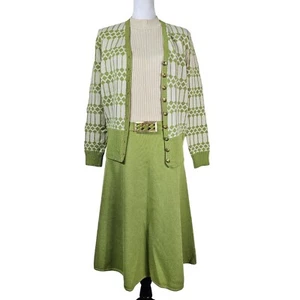 VTG 70s St. John Santana Knit 3 Piece Midi Dress Set M Cardigan/Belt Old Money - Picture 1 of 15