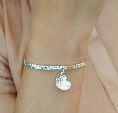 925 Sterling Silver Heart Shape Charm Cuff Bracelet Jewelry For Girlfriend LB304 - Image 1 of 4