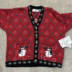 Design Options NEW Vintage Christmas Snowman Sweater Cardigan XL Pearl buttons - Picture 1 of 10