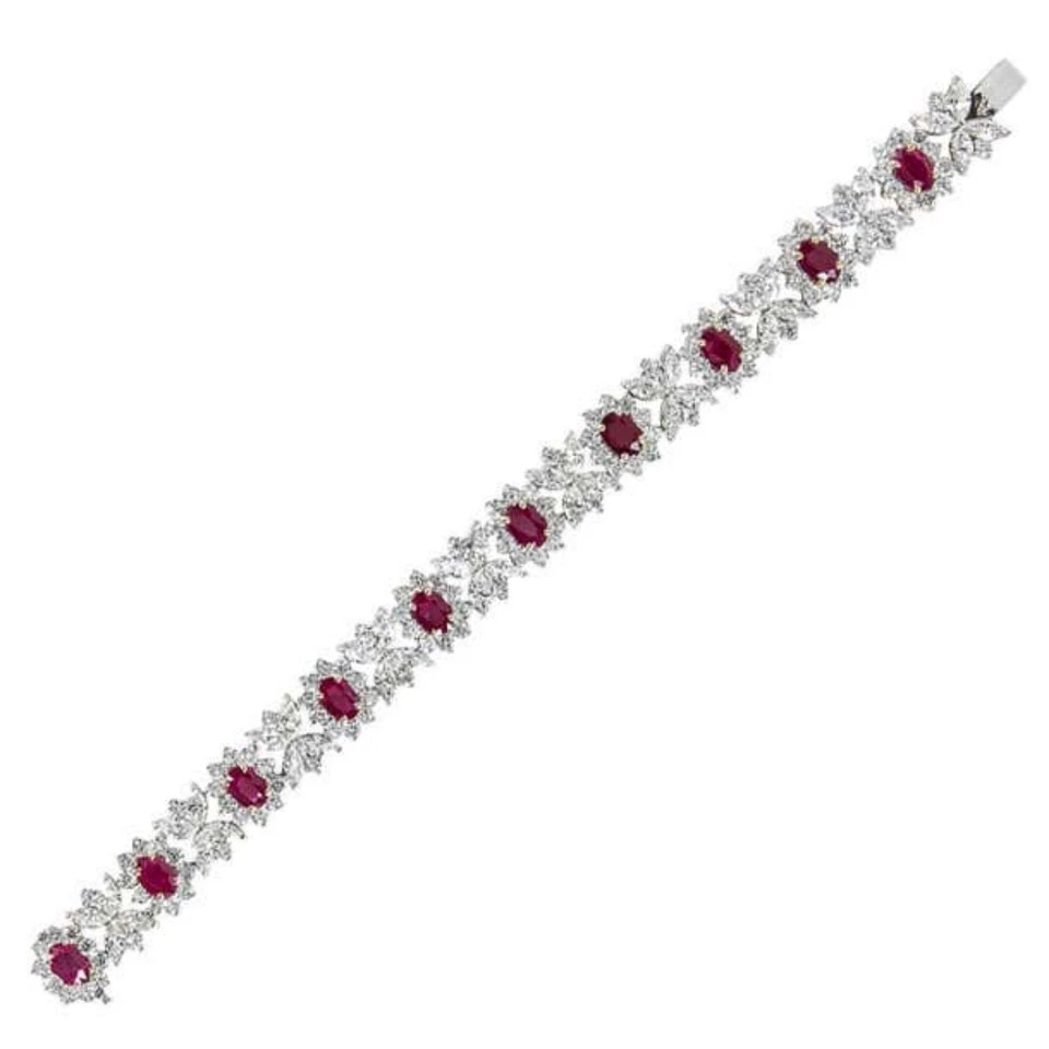 8ct D VVS1 Luxury Fine Burma Ruby Moissanite Bracelet 7Inch 14k White Gold Over - Image 1 of 4