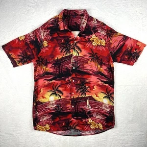 Red Orange Floral Hawaiian Mens L Island Resort Palms Tropical Beach Camp Shirt - Picture 1 of 10