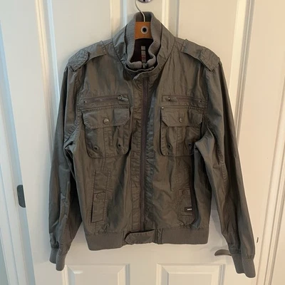 Buffalo David Bitton 夹克男式小号全拉链摩托尼龙灰色灰色 — 第 1/4 张图片