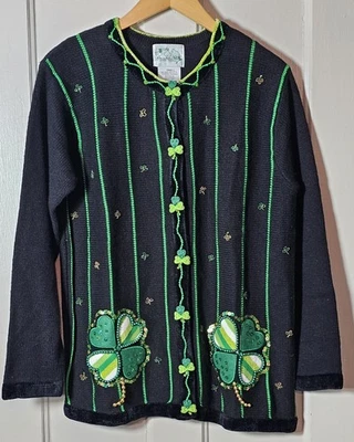 Cárdigan Suéter Quacker Factory Para Mujer S Día de San Patricio Trébol Cuentas Irlandés Foto 1 de 4