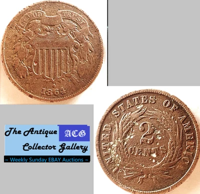 1864 US Copper Two Cent Piece 🪙 Civil War Era 🪙Antique🪙 - Image 1 of 4